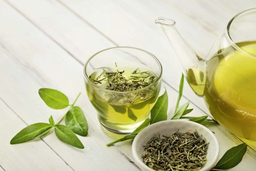 healthy green tea cup with tea leaves